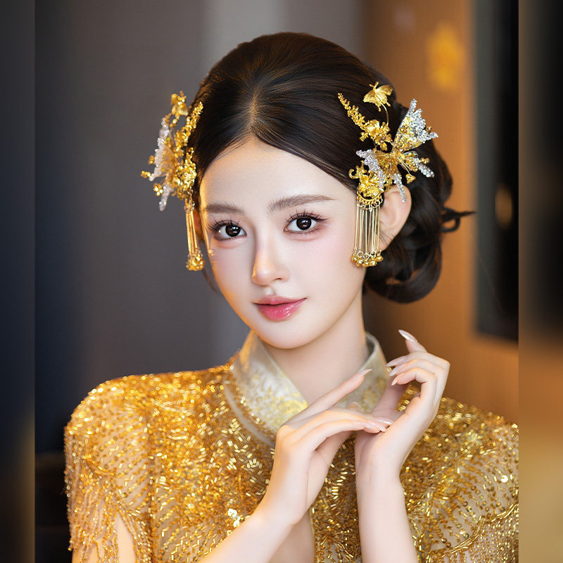 中式新娘头饰古典旗袍贵气感简约高级感大气金色系敬酒服晨袍边夹