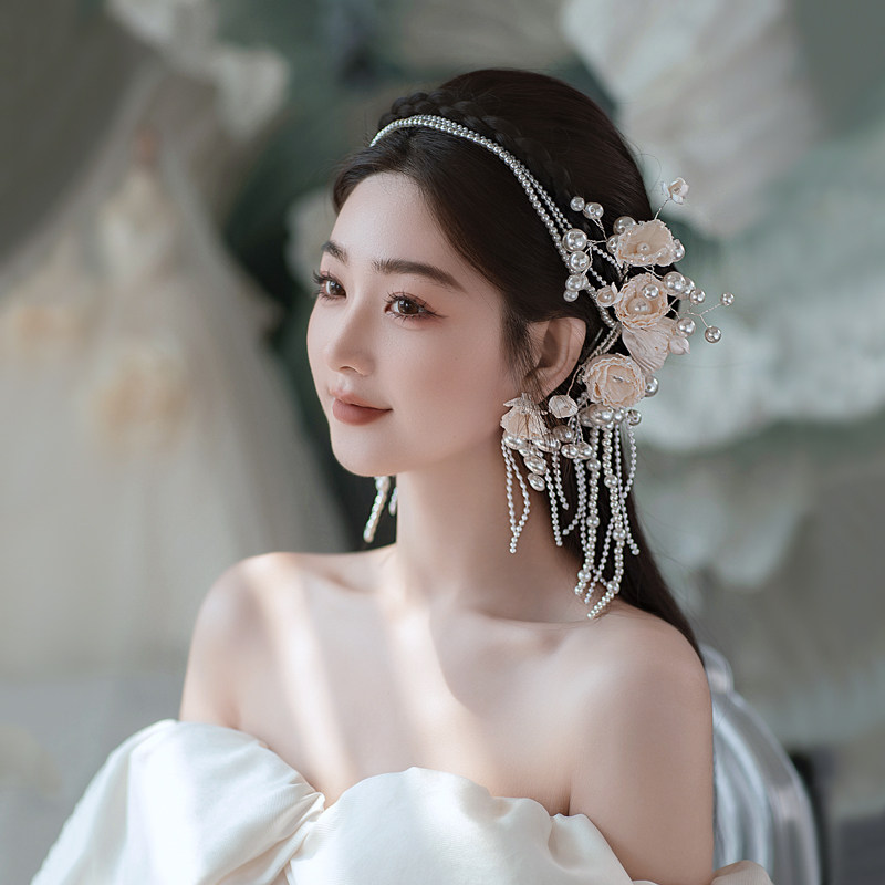 新娘头饰韩式超仙唯美花朵流苏发夹浅色系婚纱礼服婚礼造型发饰品
