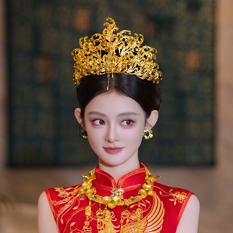 新娘奢华金色凤冠结婚发冠凤凰流苏复古高级感秀禾服旗袍汉服发饰
