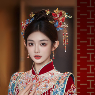新款新娘头饰古风花朵流苏蝴蝶发簪秀禾服红蓝中式减龄古典发饰品