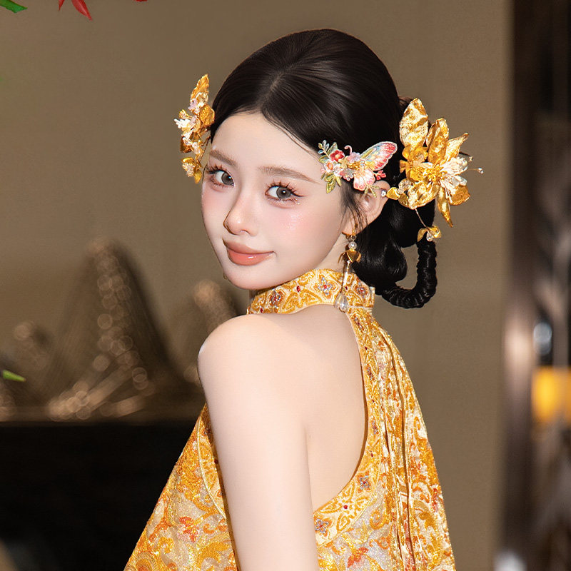 新中式新娘发饰精致传统手工刺绣布艺仿真花朵精致订婚旗袍头饰品