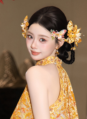 新中式新娘发饰精致传统手工刺绣布艺仿真花朵精致订婚旗袍头饰品