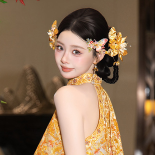 新中式新娘发饰精致传统手工刺绣布艺仿真花朵精致订婚旗袍头饰品