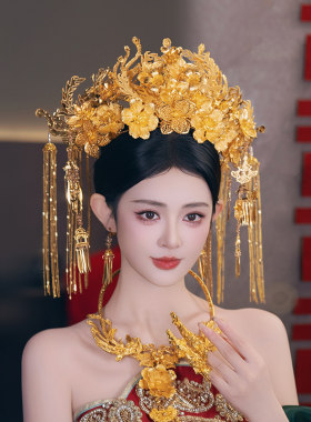 新娘发饰中式婚礼秀禾金色奢华花朵大凤冠敬酒龙凤褂头冠结婚头饰