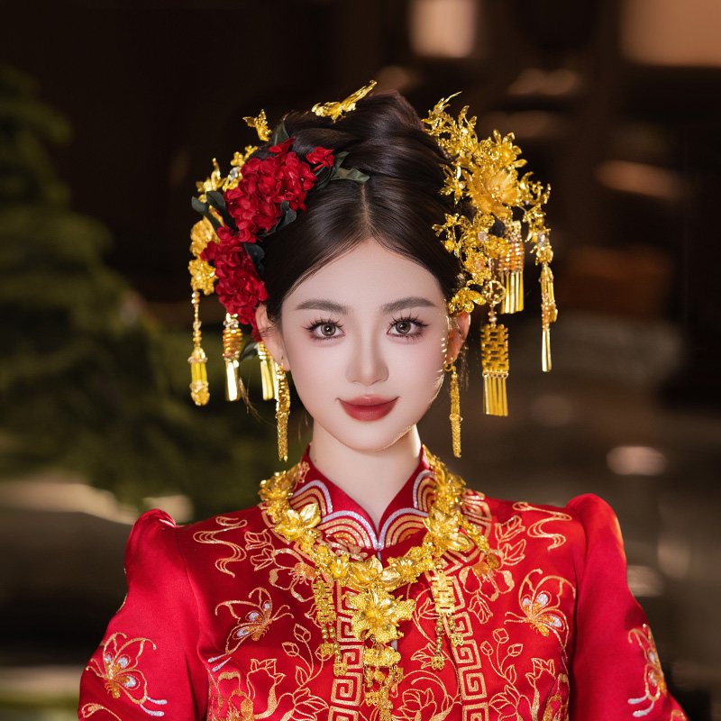 中式新娘发饰金色发饰配红色花朵潮流爆款中式搭配造型秀禾服发饰