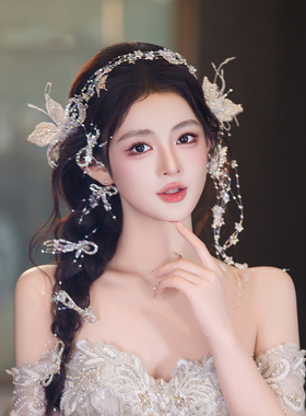 新款婚纱新娘头饰超仙韩系精致甜美蝴蝶透明水晶公主减龄婚礼发饰