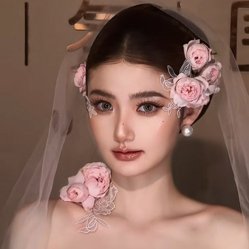 粉色布艺花朵新娘温柔蕾丝边发夹婚纱礼服盘发配饰结婚拍照头饰品