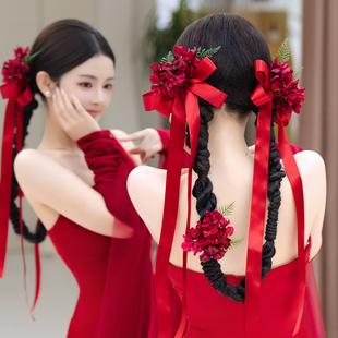 新娘敬酒服头饰复古酒红色铃兰花蝴蝶结发夹缎面飘带结婚订婚发饰