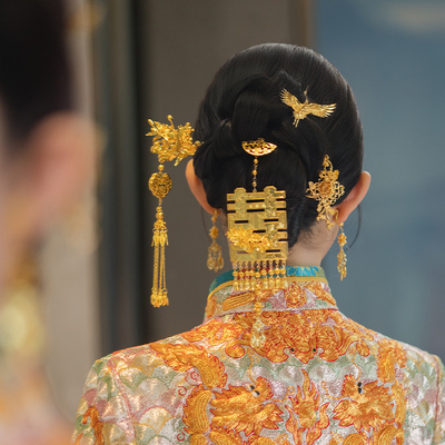 新中式结婚简约大气新娘后区头饰金色仙鹤手工古风喜字流苏配饰品