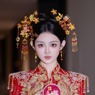 新娘头饰中式手工复古金红色流苏花朵精致百搭造型秀禾服汉服发饰
