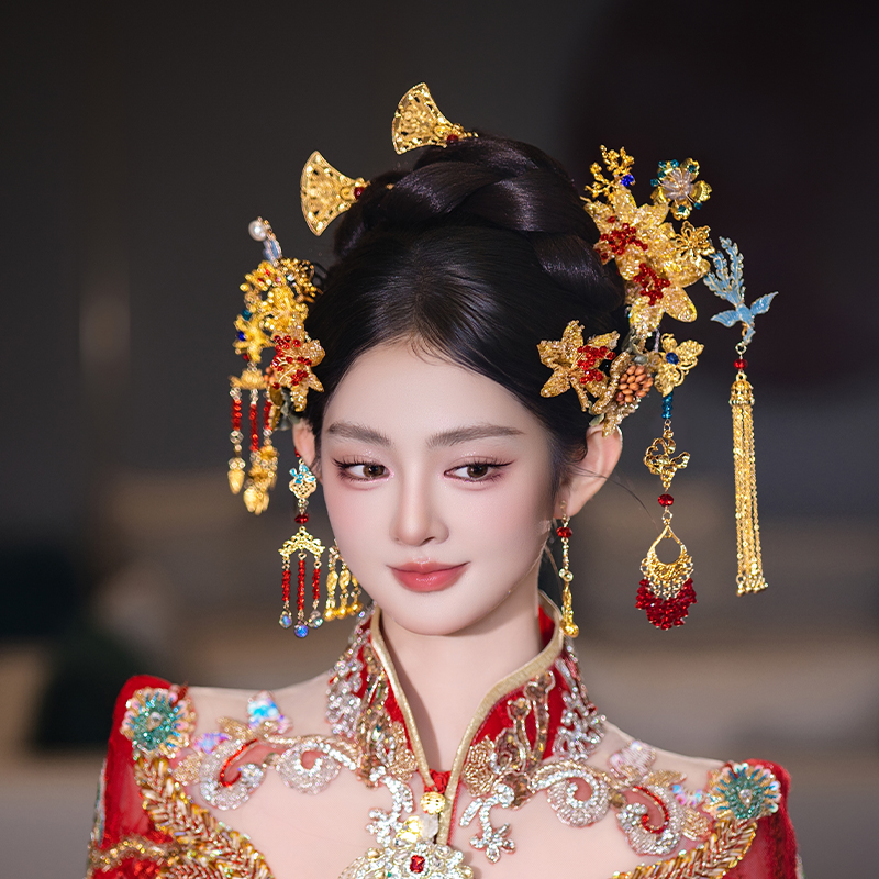 新娘中式婚礼手工金色花朵头饰龙凤褂秀禾服凤凰步摇红色流苏发饰