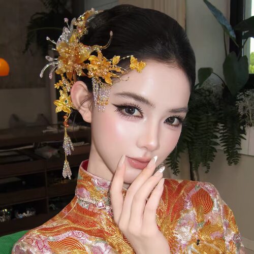 新娘饰品新中式金色水凝花朵发簪发钗秀禾头饰水晶流苏高级感步摇