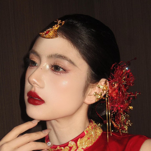 中式新娘红金色古风精致发簪新中式龙凤褂底盘造型高级感鎏金对簪