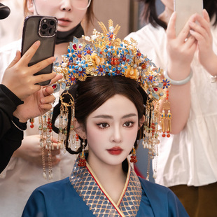 新娘头饰中式古风大凤冠流苏大气景泰蓝结婚古装汉服婚礼发饰套装