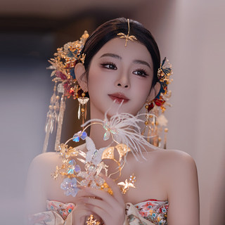 新中式新娘秀禾服复古金色龙凤褂水晶流苏气质汉服头饰传统发饰品