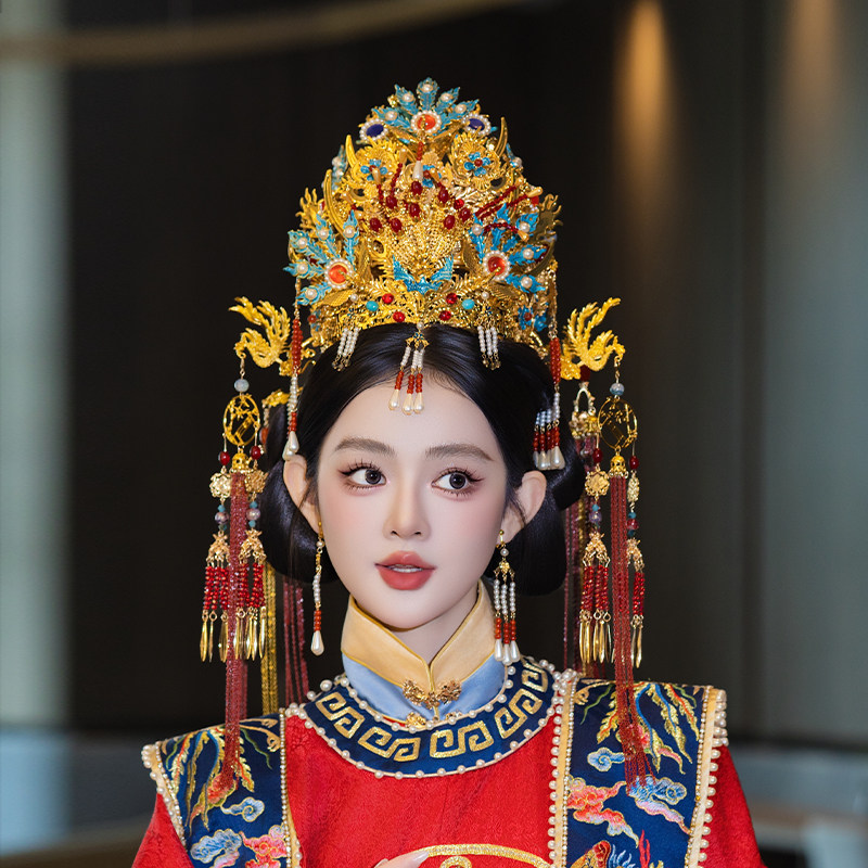 新娘重工国风中式婚礼头饰金色大凤冠红色流苏凤凰步摇汉服发饰品