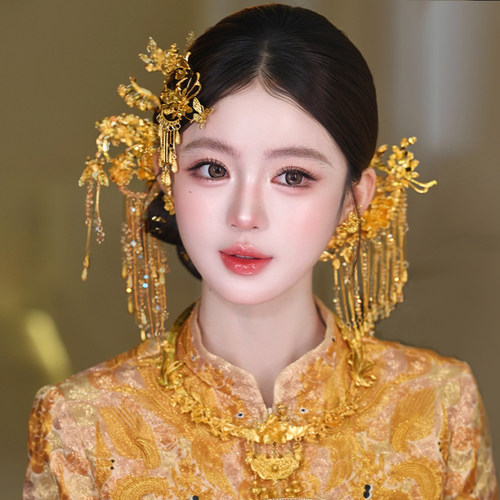 中式新娘头饰金色流苏精致发簪秀禾头饰龙凤褂礼服大气高级感发饰