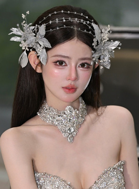 新款新娘发饰高级银灰色羽毛凝珠串珠仙气减龄婚纱敬酒服时尚配饰