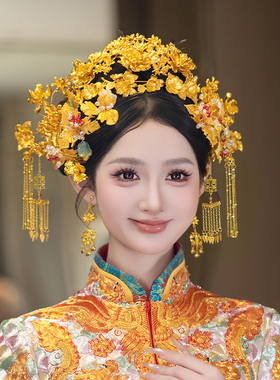 全金色新娘发饰古典花朵百搭奢华凤冠喜字流苏对簪复古龙凤褂发饰