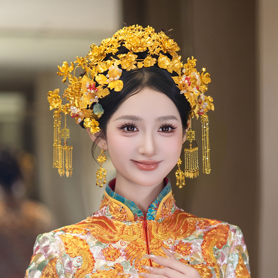 全金色新娘发饰古典花朵百搭奢华凤冠喜字流苏对簪复古龙凤褂发饰