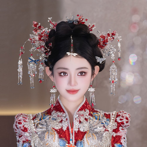 新款新娘中式红银色发簪步摇发饰秀禾服龙凤褂古典汉服婚礼发饰品