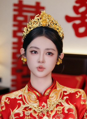 新款新娘头饰全金色花朵发冠简约龙凤褂旗袍后区凤凰流苏发簪发饰