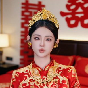 新款新娘头饰全金色花朵发冠简约龙凤褂旗袍后区凤凰流苏发簪发饰