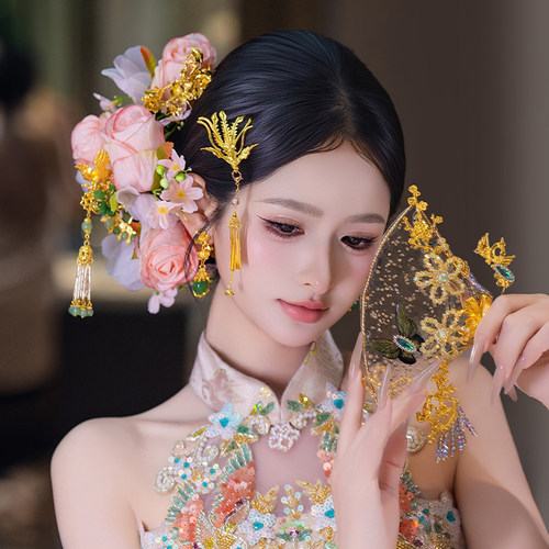 新娘发饰富贵气质高级感旗袍仿真花朵金色发钗婚礼秀禾龙凤褂发饰