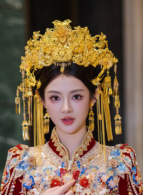 古风宫廷新娘头饰国风金色花朵凤凰奢华重工凤冠精致流苏发钗套装