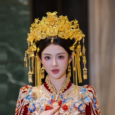 古风宫廷新娘头饰国风金色花朵凤凰奢华重工凤冠精致流苏发钗套装