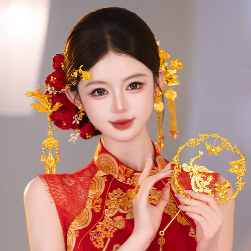 新款新娘原创高端头饰复古大气新中式龙凤褂百搭红金色仿真花发饰