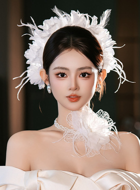 新娘发饰超仙羽毛减龄氛围感绢纱甜美手工发箍白色婚纱晚礼服发饰