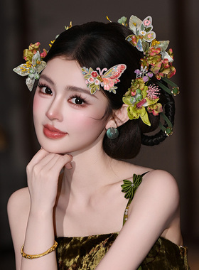 新中式甜美粉绿色兰花蝴蝶叶子发钗婚礼晨袍龙凤褂百搭复古头饰品