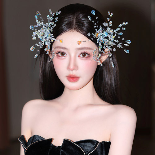 森系精灵仙美新娘白色琉璃发夹婚礼婚纱头饰满天星手工时尚侧发钗