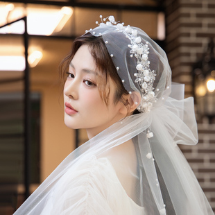 新娘头纱简约时尚气质铃兰花帽兜蝴蝶结结婚婚纱配饰纱长约126cm