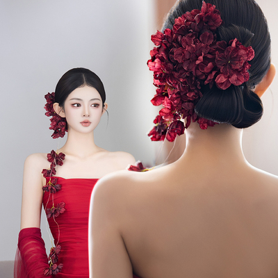 新中式新娘晨袍仿真手作复古红色花朵订婚迎客减龄古典礼服配饰品