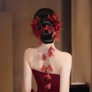 新娘头饰国风爆款新中式红色仿真花朵长条发钗婚礼敬酒服发饰新款