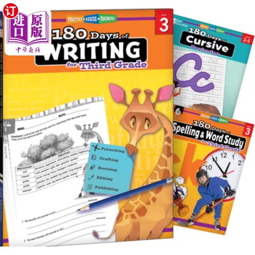 海外直订180 Days(tm) Writing, Spelling, & Cursive Grade 3: 3-Book Set: Practice, Assess, 180天（tm）写作，拼写和草