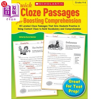 海外直订Quick Cloze Passages for Boosting Comprehension: Grades 4-6: 40 Leveled Cloze Pa 促进理解的快速完形填空短文