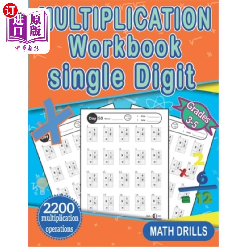 海外直订Multiplication Workbook single Digit: 110 Practice Pages Math Drills For Grades  乘法练习册单位数:110页练习