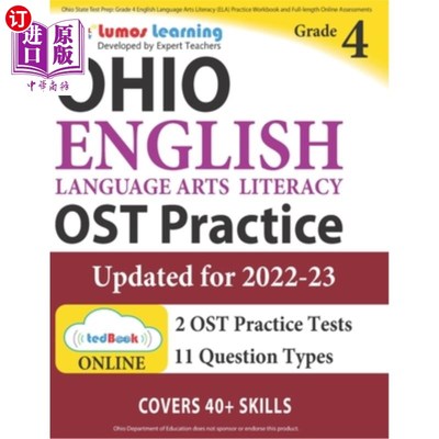 海外直订Ohio State Test Prep: Grade 4 English Language Arts Literacy (ELA) Practice Work 俄亥俄州考试准备：四年级英