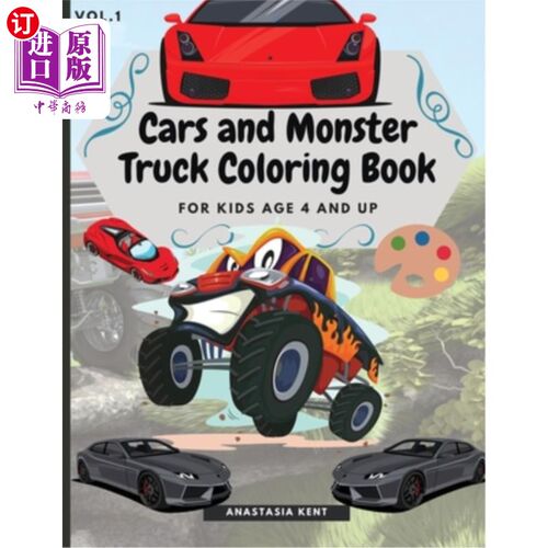 海外直订Cars and Monster Truck Coloring Book For kids age 4 and Up: Fun Coloring Book wi 汽车和怪物卡车涂色书4岁及