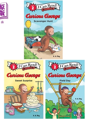 预售 我可以读2级漫画版 好奇猴乔治 共3册 寻宝游戏+甜蜜惊喜+运动会 I Can Read Curious George 英文原版 分级阅读【中商原版】