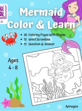 海外直订Mermaid Color & Learn: A Coloring Book Journey Through The Sea With Word Scrambl 美人鱼的颜色和学习:彩色书