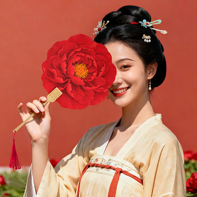 造物加国风牡丹花扇-红 扇子 汉服拍摄道具 手摇扇 花扇文创中秋节日礼品 蛋挞明信片 离职礼物伴手礼