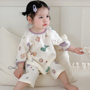 空调服套装 男童女孩宝宝家居服七分袖 夏季 婴儿童睡衣纯棉纱布薄款