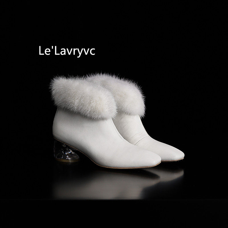 水洗马皮貂毛毛领水晶跟方头短靴