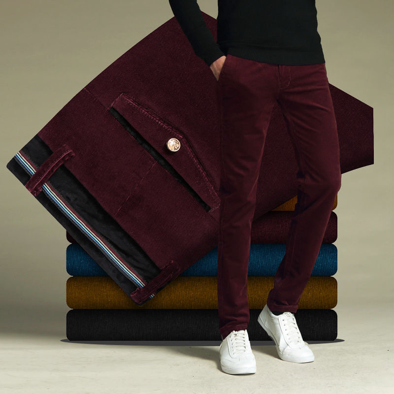 灯芯绒男士休闲裤修身弹力直筒小脚裤加绒中年保暖灯草条绒长裤子