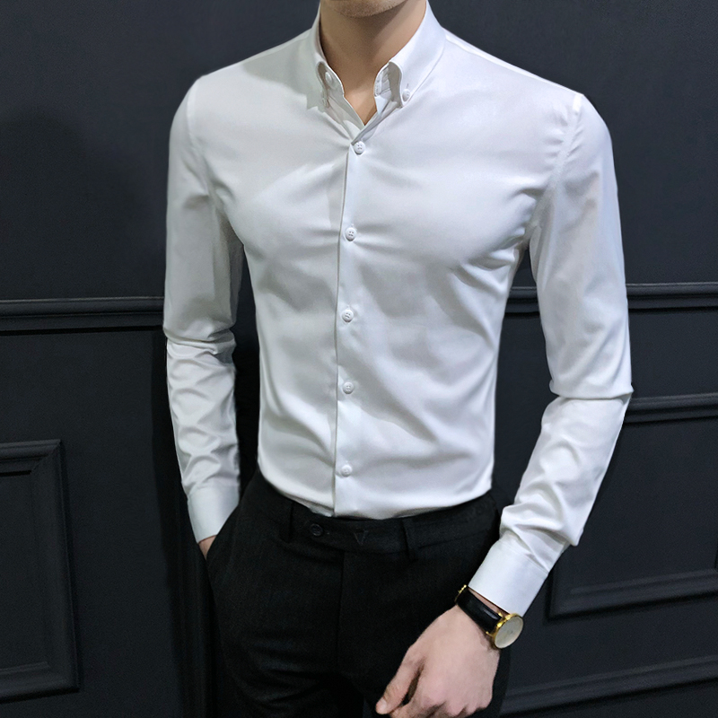 男士休闲长袖衬衫夏季薄款修身商务免烫职业正装轻奢高级感白衬衣