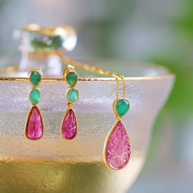 古董珠宝雕花碧玺陶乐溪艺术耳钉